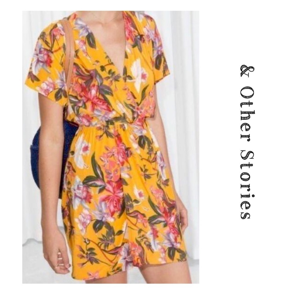 & Other Stories Floral Cross Front Mini Dress in Yellow